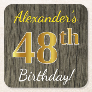 Porta-copo De Papel Quadrado Faux Wood, Faux Dourado 48.º Aniversário + Nome