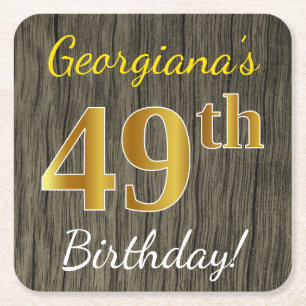 Porta-copo De Papel Quadrado Faux Wood, Faux Dourado 49º Aniversário + Nome P