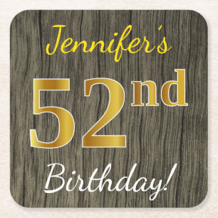 Porta-copo De Papel Quadrado Faux Wood, Faux Dourado 52º Aniversário + Nome P