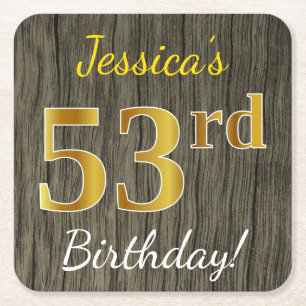 Porta-copo De Papel Quadrado Faux Wood, Faux Dourado 53º Aniversário + Nome P