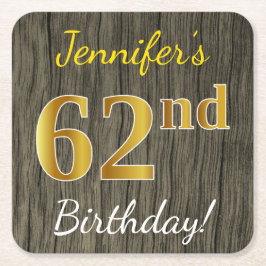 Porta-copo De Papel Quadrado Faux Wood, Faux Dourado 62º Aniversário + Nome Per