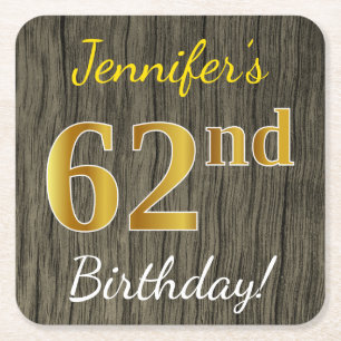 Porta-copo De Papel Quadrado Faux Wood, Faux Dourado 62º Aniversário + Nome Per