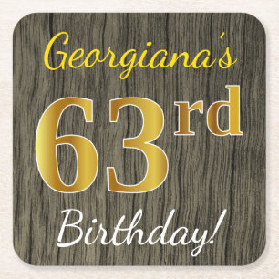 Porta-copo De Papel Quadrado Faux Wood, Faux Dourado 63º Aniversário + Nome P