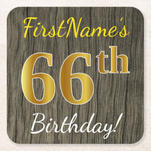 Porta-copo De Papel Quadrado Faux Wood, Faux Dourado 66º aniversário + Nome P