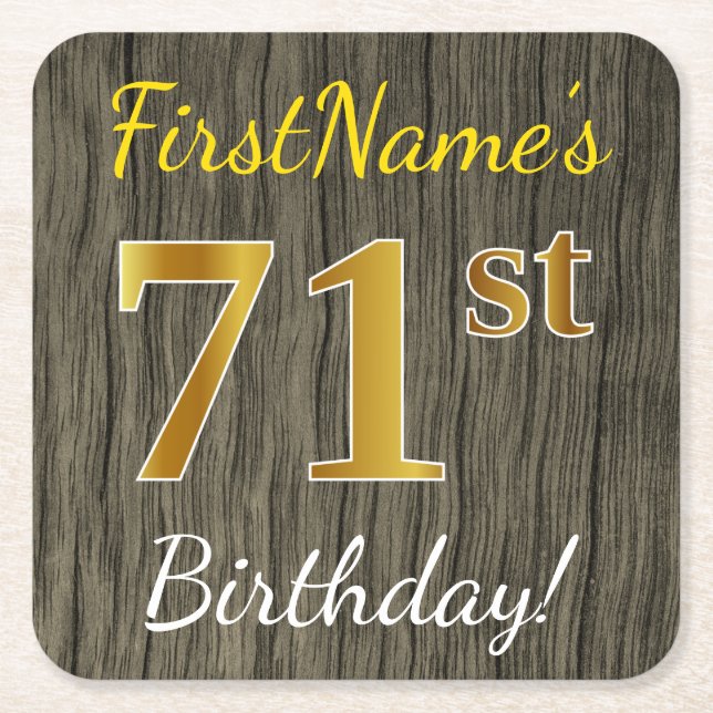 Porta-copo De Papel Quadrado Faux Wood, Faux Dourado 71ruas Birthday + Nome Per (Frente)