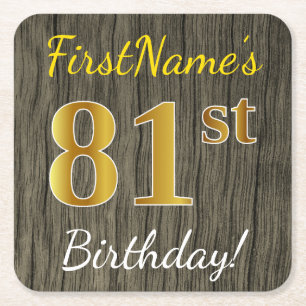 Porta-copo De Papel Quadrado Faux Wood, Faux Dourado 81rua Birthday + Nome Pers