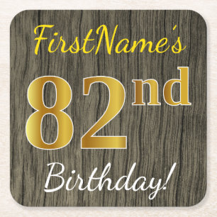 Porta-copo De Papel Quadrado Faux Wood, Faux Dourado 82º Aniversário + Nome Per