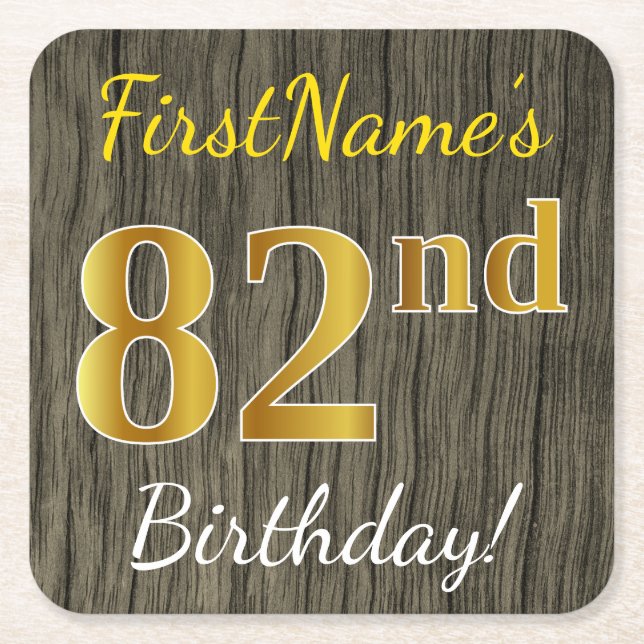 Porta-copo De Papel Quadrado Faux Wood, Faux Dourado 82º Aniversário + Nome Per (Frente)