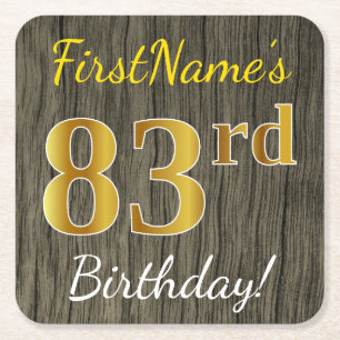 Porta-copo De Papel Quadrado Faux Wood, Faux Dourado 83º Aniversário + Nome P