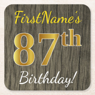 Porta-copo De Papel Quadrado Faux Wood, Faux Dourado 87º aniversário + Nome P