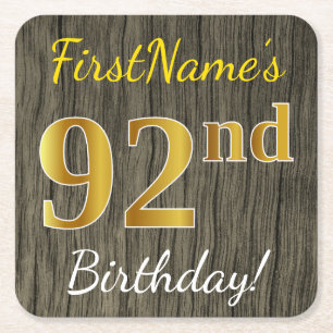 Porta-copo De Papel Quadrado Faux Wood, Faux Dourado 92º Aniversário + Nome Per
