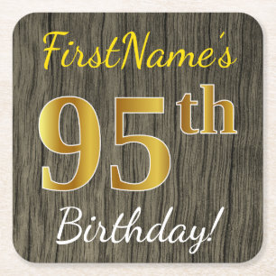 Porta-copo De Papel Quadrado Faux Wood, Faux Dourado 95º aniversário + Nome P