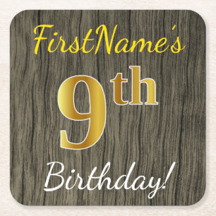 Porta-copo De Papel Quadrado Faux Wood, Faux Dourado 9.º aniversário + nome per