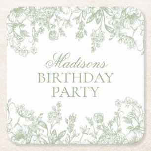 Porta-copo De Papel Quadrado Favoritos de aniversário florais vintage Sage Chin