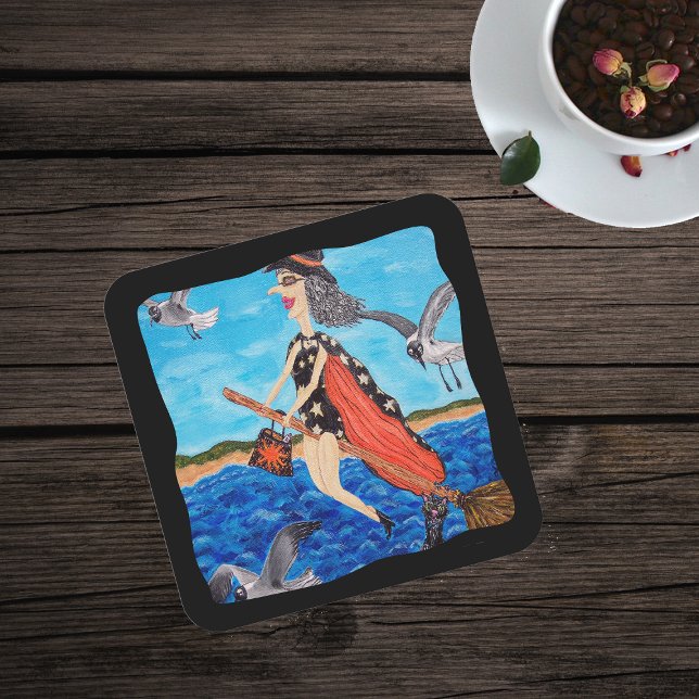Porta-copo De Papel Quadrado Feiticeira Engraçada Vassoura Gato Grelha Praia (Fun Flying Witch Seagulls in Bathing Suit going to the beach over ocean on paper drink coaster.)