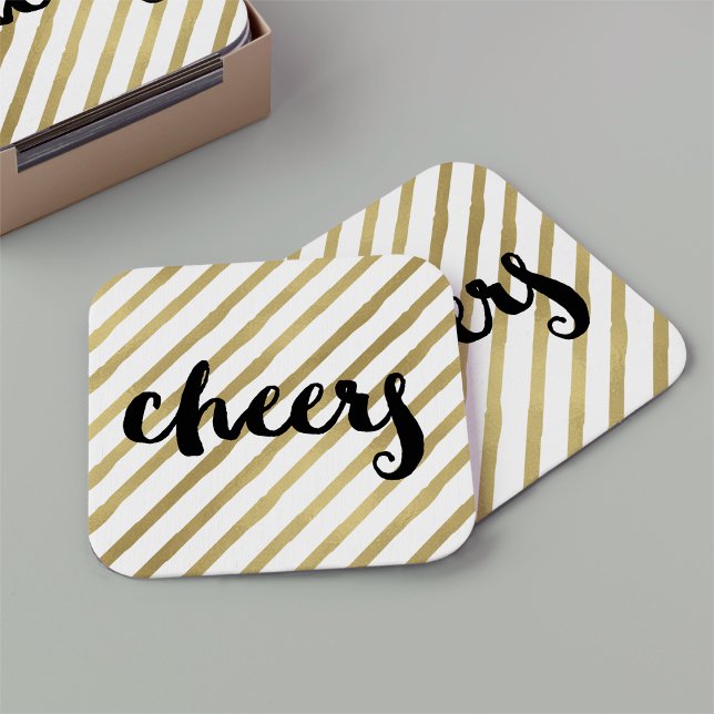 Porta-copo De Papel Quadrado Felicidades | Black & Faux Dourado Stripe (Criador carregado)