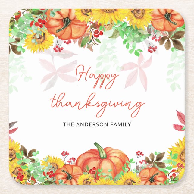 Porta-copo De Papel Quadrado Feliz Ação de Graças Laranja Pumpkins (Frente)