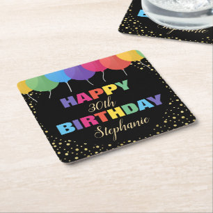 Porta-copo De Papel Quadrado Feliz Aniversário Ano Personalizado Nome Balões Co