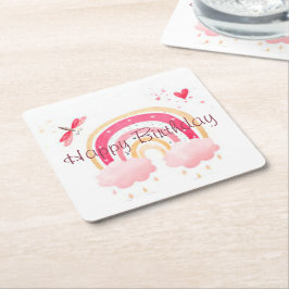 Porta-copo De Papel Quadrado Feliz Aniversário arco-íris rosa 