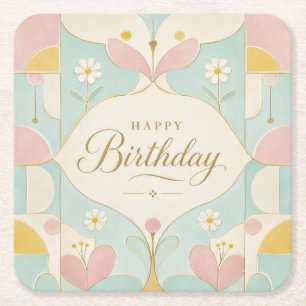 Porta-copo De Papel Quadrado Feliz Aniversário Art Déco Floral Geométrico Paste