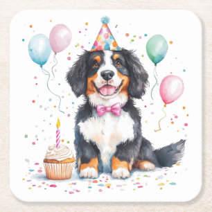 Porta-copo De Papel Quadrado Feliz Aniversário Bernese Mountain Dog