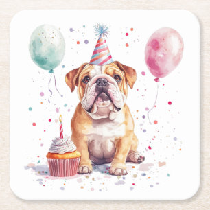 Porta-copo De Papel Quadrado Feliz Aniversário Bulldog Inglês