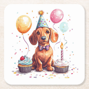 Porta-copo De Papel Quadrado Feliz Aniversário Cachorro Dachshund