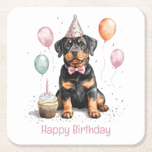 Porta-copo De Papel Quadrado Feliz Aniversário Cão Rottweiler