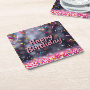 Porta-copo De Papel Quadrado Feliz Aniversário Colorida Confetti e Sweets