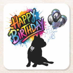 Porta-copo De Papel Quadrado Feliz aniversário com um francês e balões