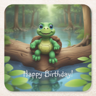 Porta-copo De Papel Quadrado Feliz aniversário da tartaruga