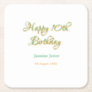 Porta-copo De Papel Quadrado feliz aniversário de 10 anos laranja verde nome da