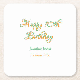 Porta-copo De Papel Quadrado feliz aniversário de 10 anos laranja verde nome da
