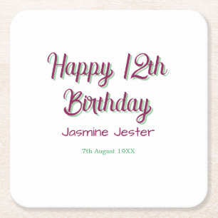 Porta-copo De Papel Quadrado feliz aniversário de 12 anos verde rosa nome data 