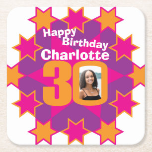 Porta-copo De Papel Quadrado Feliz aniversário de 30 anos com nome e foto em gu