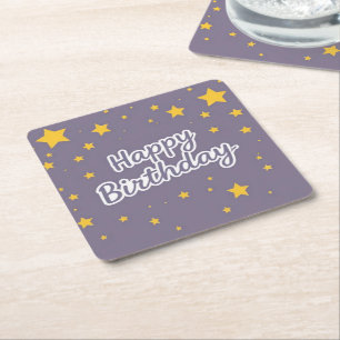 Porta-copo De Papel Quadrado Feliz Aniversário Estrelas Douradas no Azul