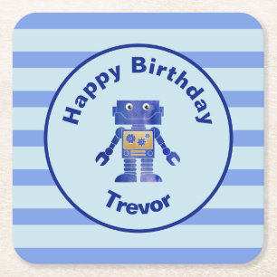 Porta-copo De Papel Quadrado Feliz aniversário feliz Robô Dourado azul com no