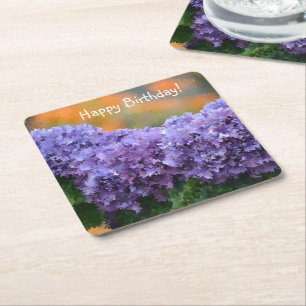 Porta-copo De Papel Quadrado Feliz aniversário Impressionista Roxo Hydrangea