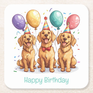 Porta-copo De Papel Quadrado Feliz Aniversário Ouro Cachorros de Retriever