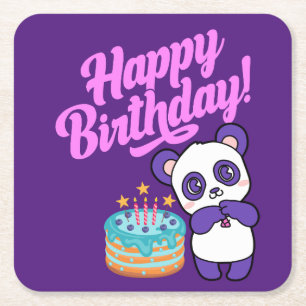 Porta-copo De Papel Quadrado Feliz Aniversário Panda Roxo