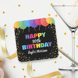 Porta-copo De Papel Quadrado Feliz Aniversário Personalizado Idade Nome Balões<br><div class="desc">Celebre sua pessoa especial com essas portas copos de papel de aniversário divertidas e coloridas, com balões de cores brilhantes e brilho falso de confetti dourado. Basta adicionar a idade e o nome da pessoa de aniversário para personalizar. Negrito e colorido, porém simples e divertido - as portas copos perfeitas...</div>
