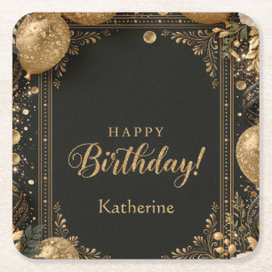 Porta-copo De Papel Quadrado Feliz Aniversário Preto e Dourado Elegante com Nom