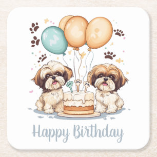 Porta-copo De Papel Quadrado Feliz Aniversário Shih Tzu Cães Bolo de Aniversári