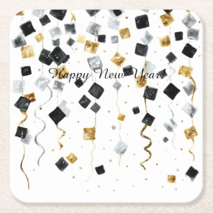 Porta-copo De Papel Quadrado Feliz Ano Novo Dourado Preto Confetes