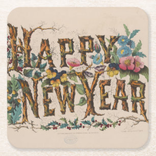 Porta-copo De Papel Quadrado Feliz Ano Novo, Impressão Vintage Currier & Ives