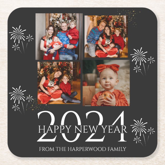 Porta-copo De Papel Quadrado Feliz ano novo Moderno Elegante Simples Quatro Fot (Frente)