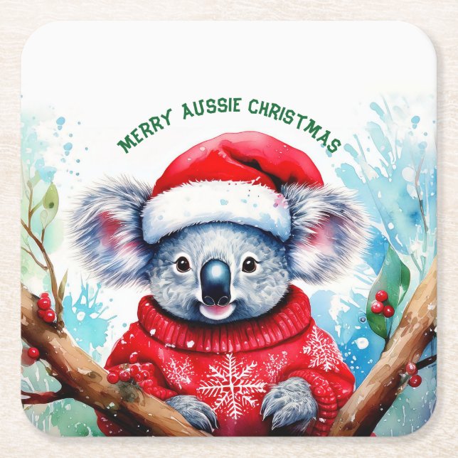 Porta-copo De Papel Quadrado Feliz Aussie Christmas Koala (Frente)