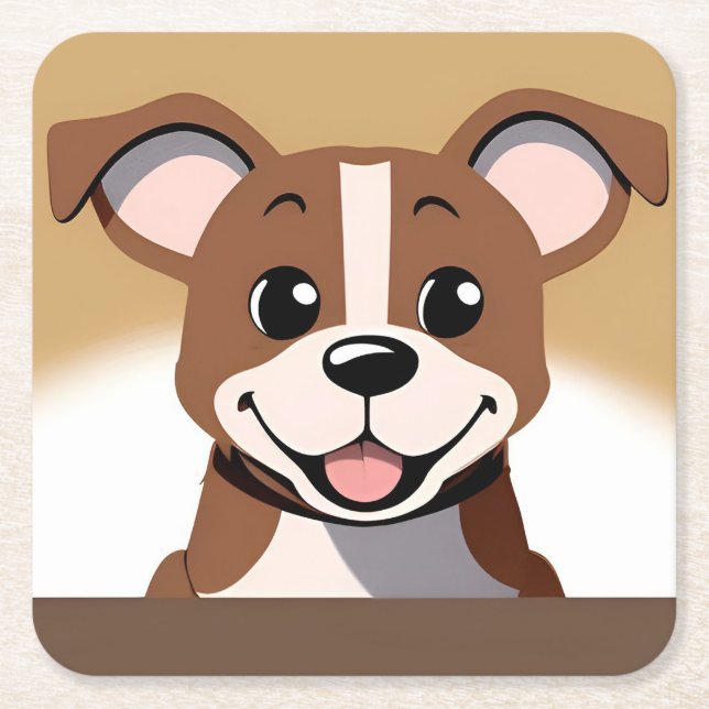 Porta-copo De Papel Quadrado Feliz Cachorro Marrom Sorrindo Brilhante (Frente)