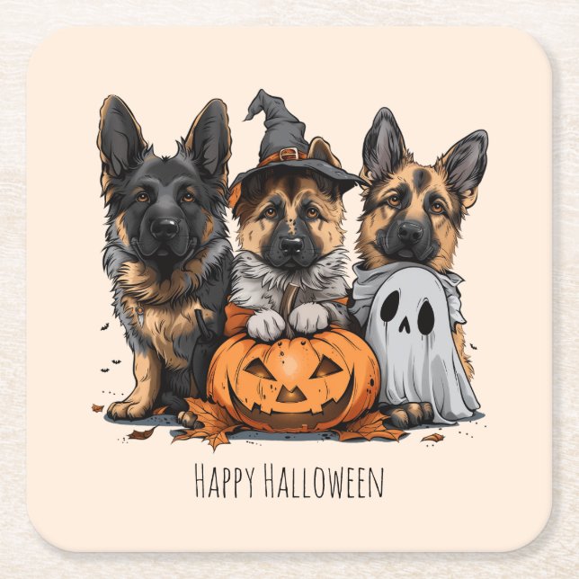 Porta-copo De Papel Quadrado Feliz Cachorros German shepherd de Halloween (Frente)