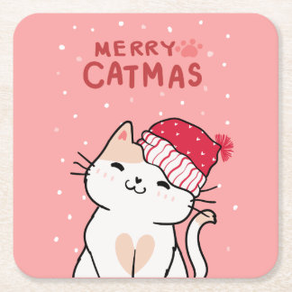 Porta-copo De Papel Quadrado Feliz de Natal giro Catmas Santa Hat Kitten